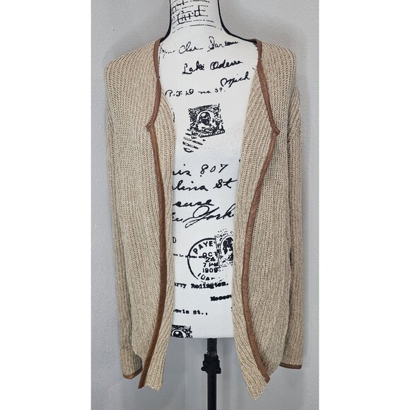 Lucky Brand Cardigan Sz L Tan Brown Chunky Knit Open Sweater Faux Leather Trim - Picture 1 of 13